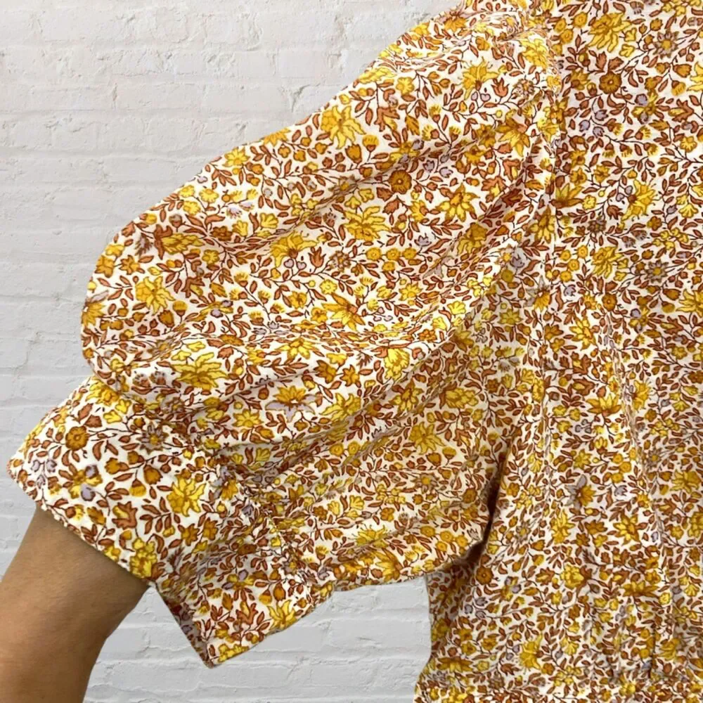 J.Crew Puff Sleeve Blouse Yellow Floral Peplum 16 Countryside Rustic Boho Summer